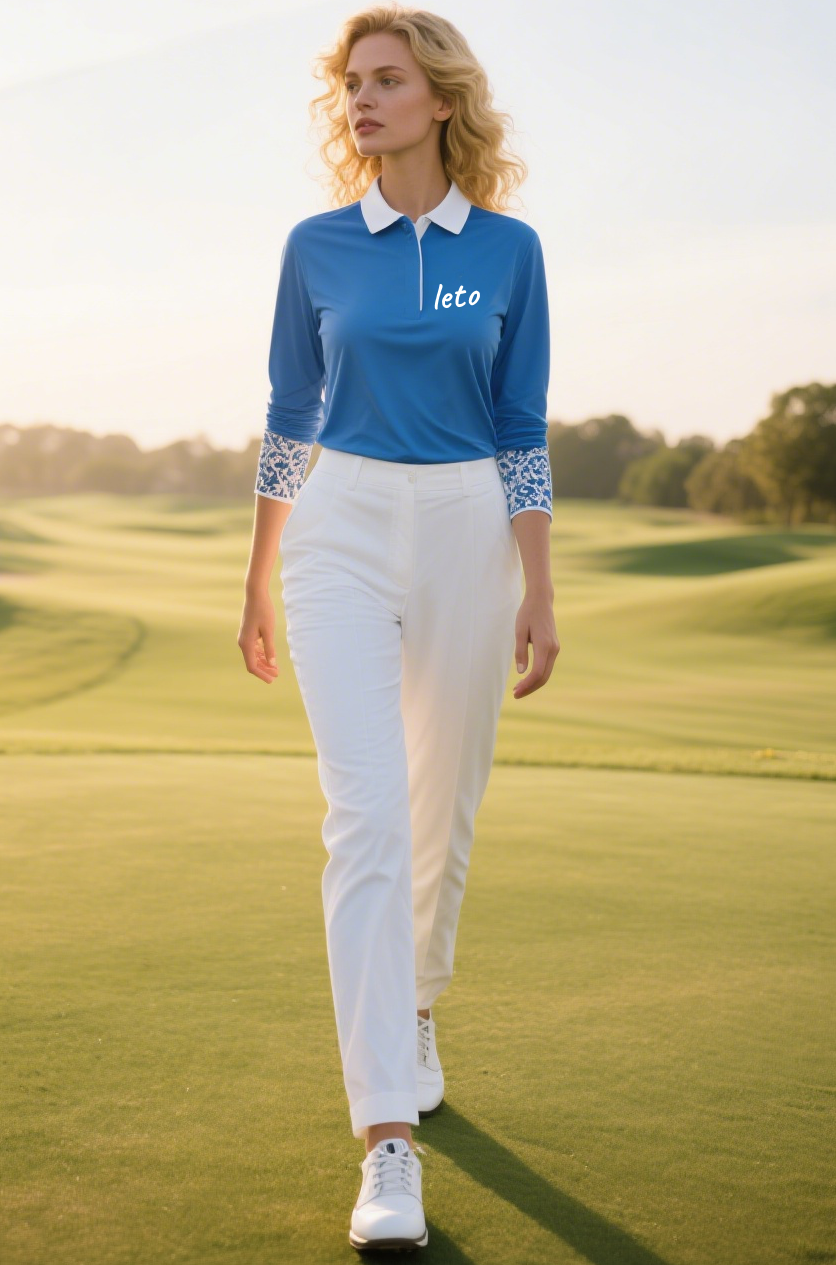A golfer showcasing personalized golf apparel with sleek designs, vibrant colors, and premium fabrics, standing confidently on a sunny golf course.