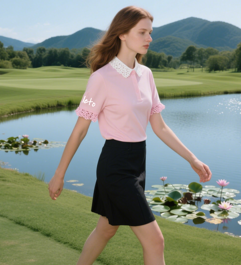 A stylish woman dressed in a tailored custom ladies golf outfit, standing confidently on a lush green golf course with her club in hand and a bright smile, embodying elegance and athleticism