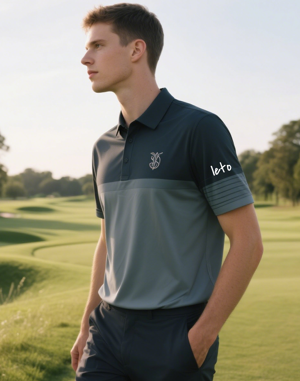 A sleek and modern country club uniform redesign featuring a tailored polo shirt, embroidered logo, and matching accessories, worn in a luxurious golf and dining setting.