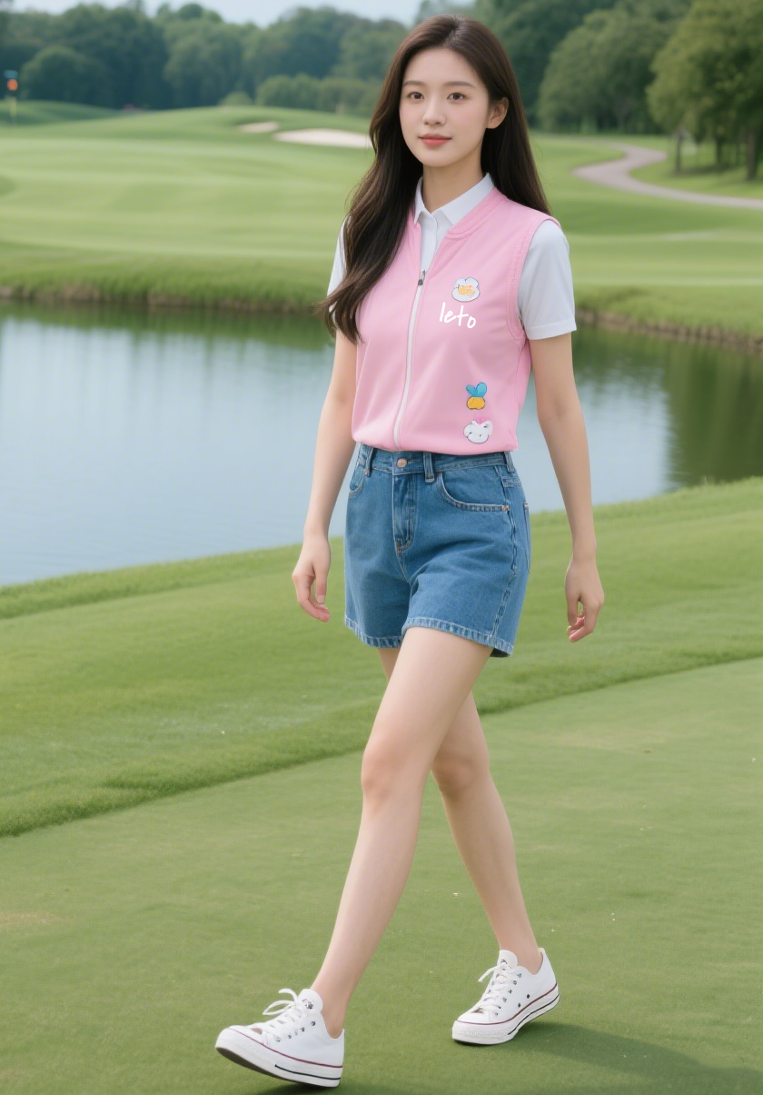 A stylish woman golfer wearing a trendy golf dress with a flattering fit, perfect for staying chic and comfortable while playing