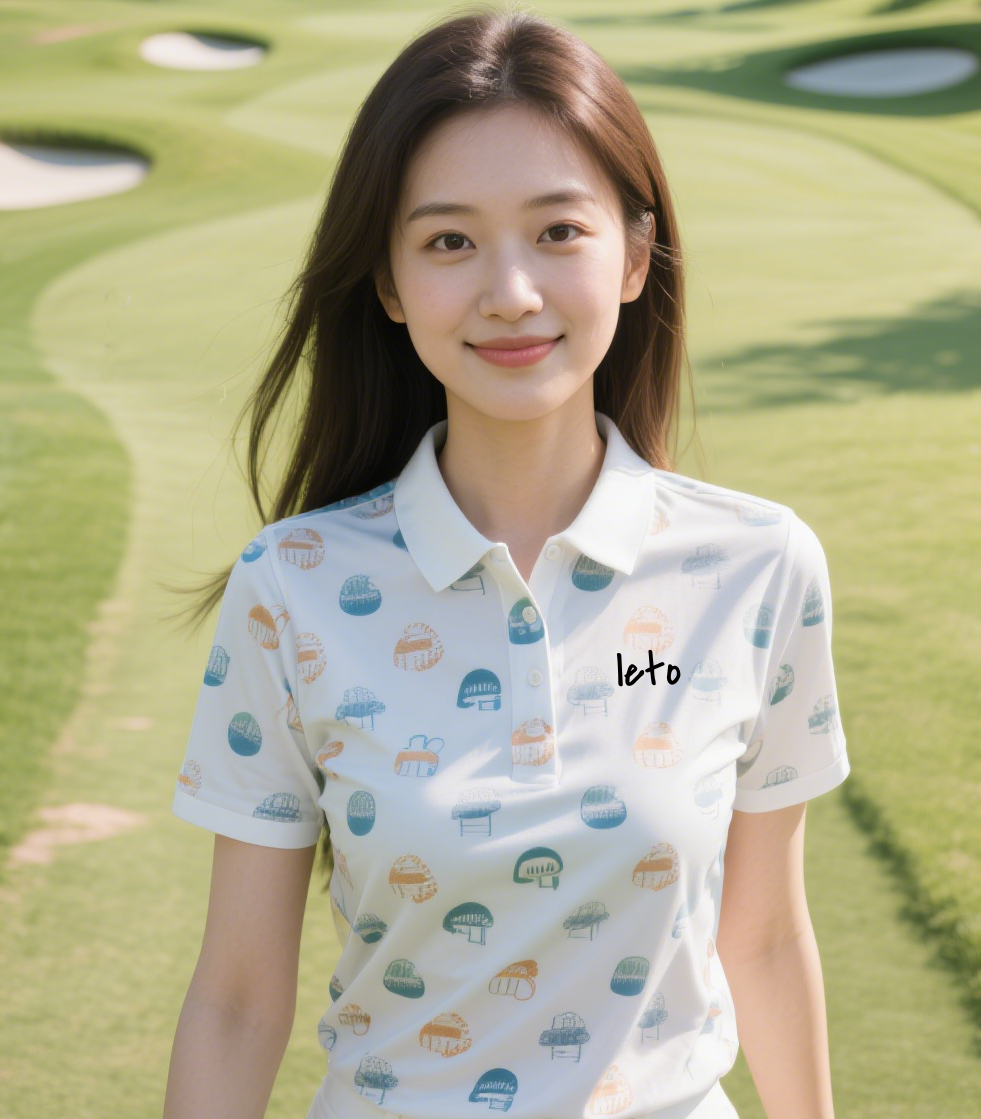 A golfer wearing a funny golf shirt with a witty phrase, standing on the course and sharing a laugh with friends.