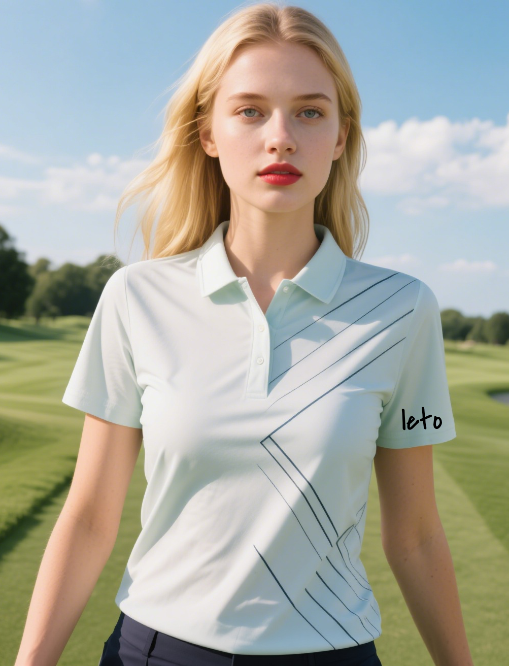 Close-up of a lightweight, breathable golf shirt made from moisture-wicking material, ideal for comfort and performance on the course