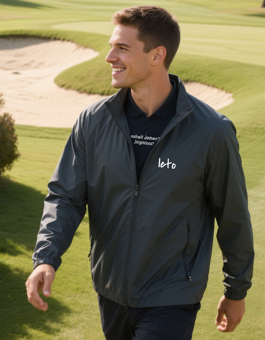 Windproof golf jackets with hidden inside jokes printed in the lining, combining performance with humor on the course.