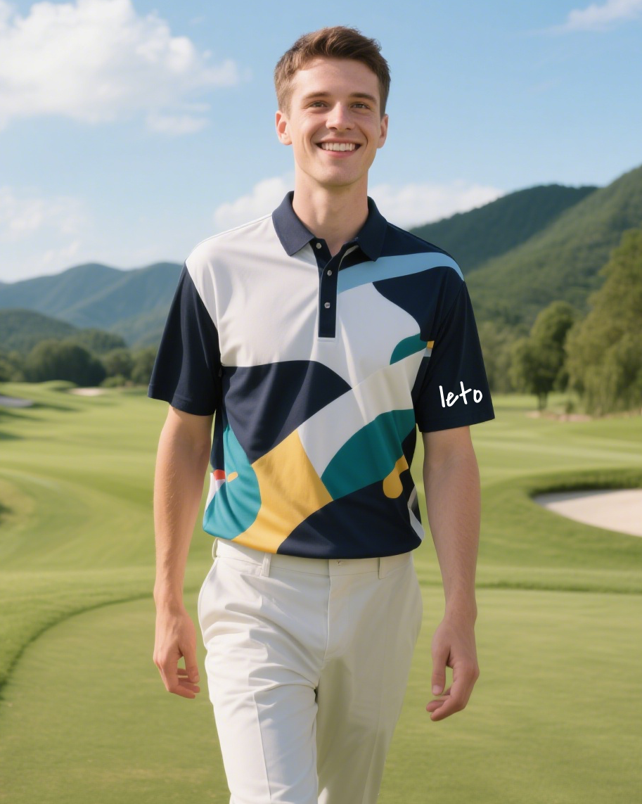 A close-up of a finely crafted golf polo shirt, showcasing intricate stitching and premium quality fabric, designed for comfort and performance