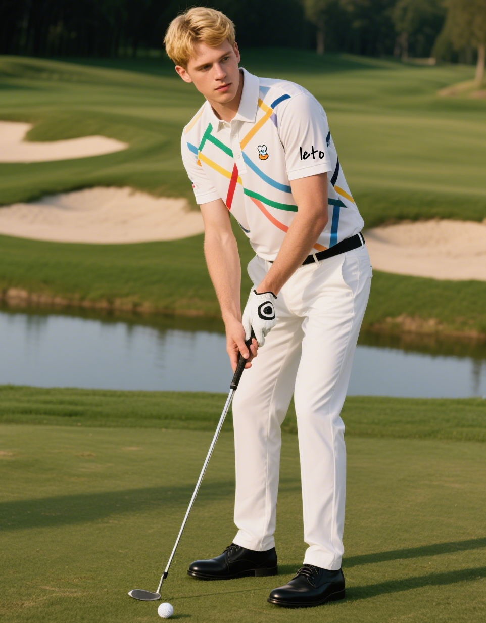 A golfer wearing sweat-resistant golf wear, confidently teeing off under the blazing sun, with breathable and moisture-wicking fabric keeping them cool