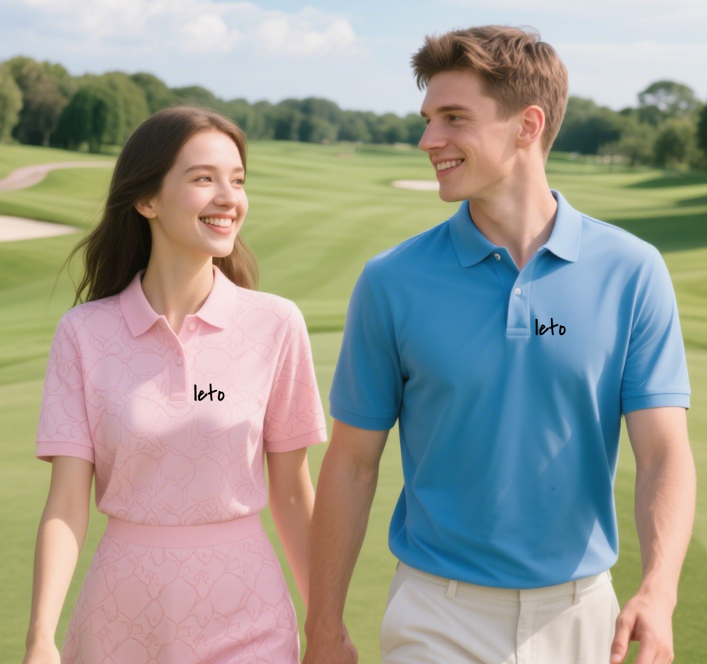 A golfer wearing a custom-designed golf jersey with a team logo, showcasing bold colors and high-performance fabric while standing on a vibrant green course