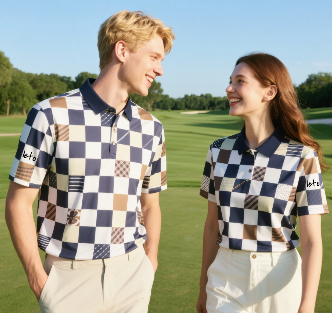 A sleek and modern country club uniform redesign featuring tailored blazers, embroidered logos, and crisp polos, modeled on a pristine golf course