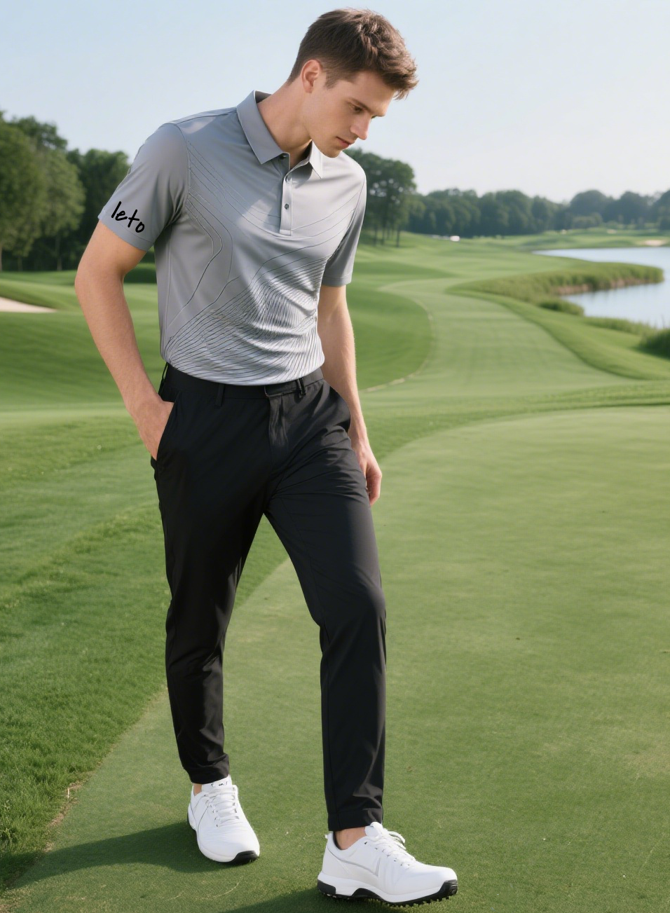 A golfer mid-swing, wearing non-restrictive golf clothing with stretchable fabrics for full mobility and comfort on the course