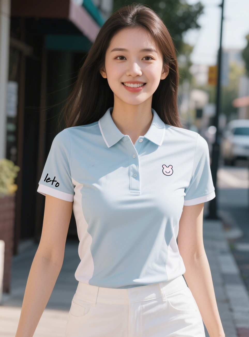 A golfer wearing a sleek and modern golf outfit with innovative design, advanced fabrics, and bold patterns, redefining the future of golf fashion