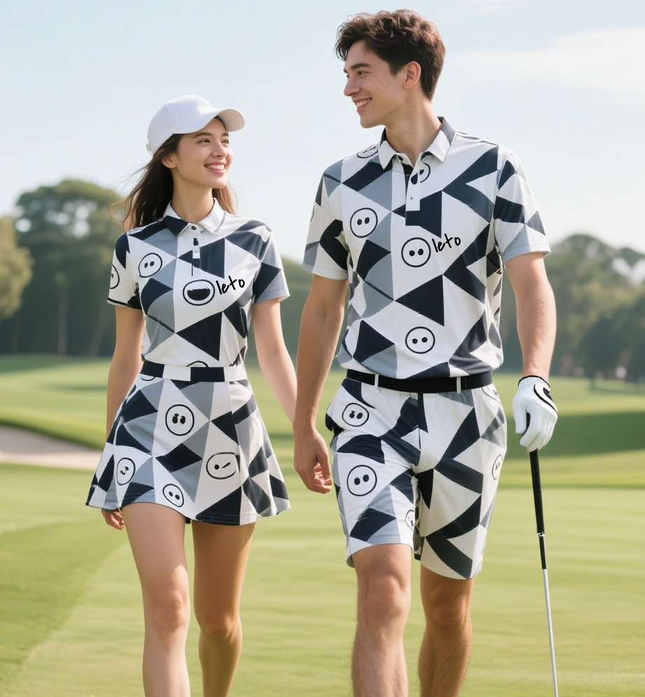 A golfer confidently swinging a club while wearing perfectly tailored golf apparel, designed to fit and enhance comfort and style on the course