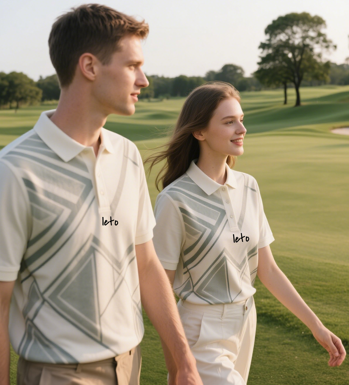 A sleek and modern country club uniform redesign featuring a tailored polo shirt, embroidered logo, and matching accessories, worn in a luxurious golf and dining setting.