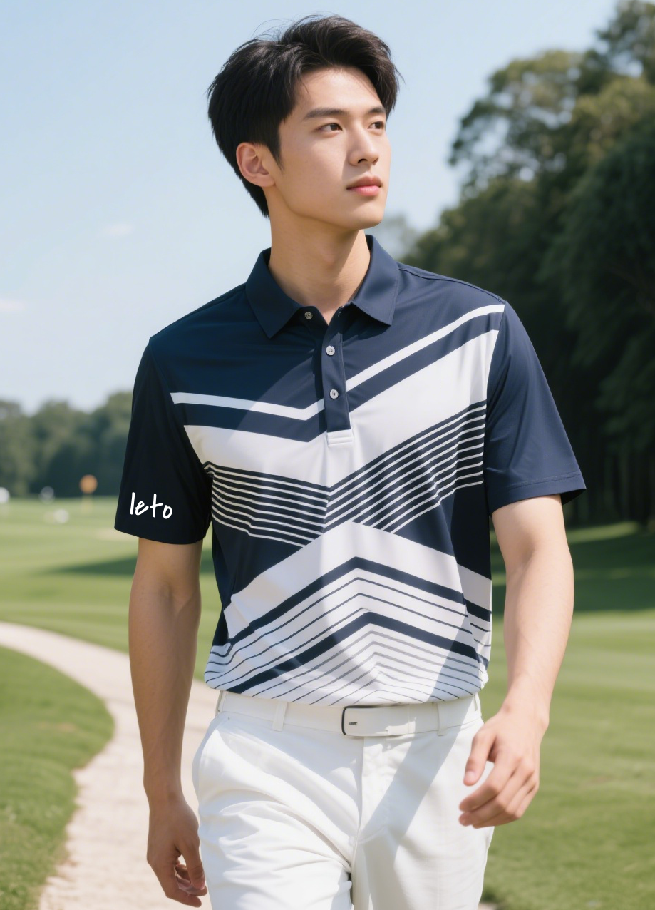 A startup founder reviewing samples of custom golf apparel designs, including polos and caps, in a sleek modern workspace with golf-inspired décor