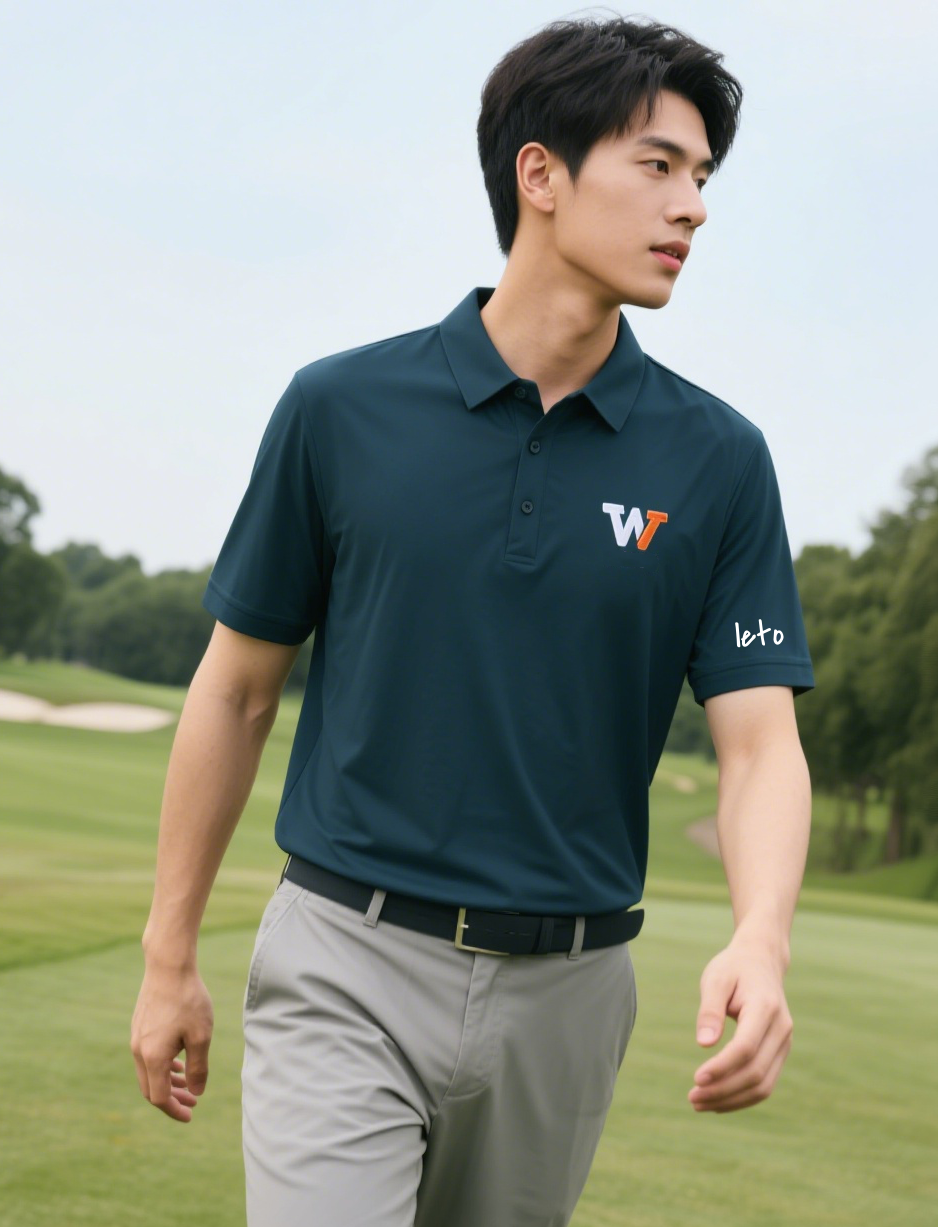 A golfer swinging with ease while wearing a non-restrictive golf polo shirt made of stretchable and breathable material.