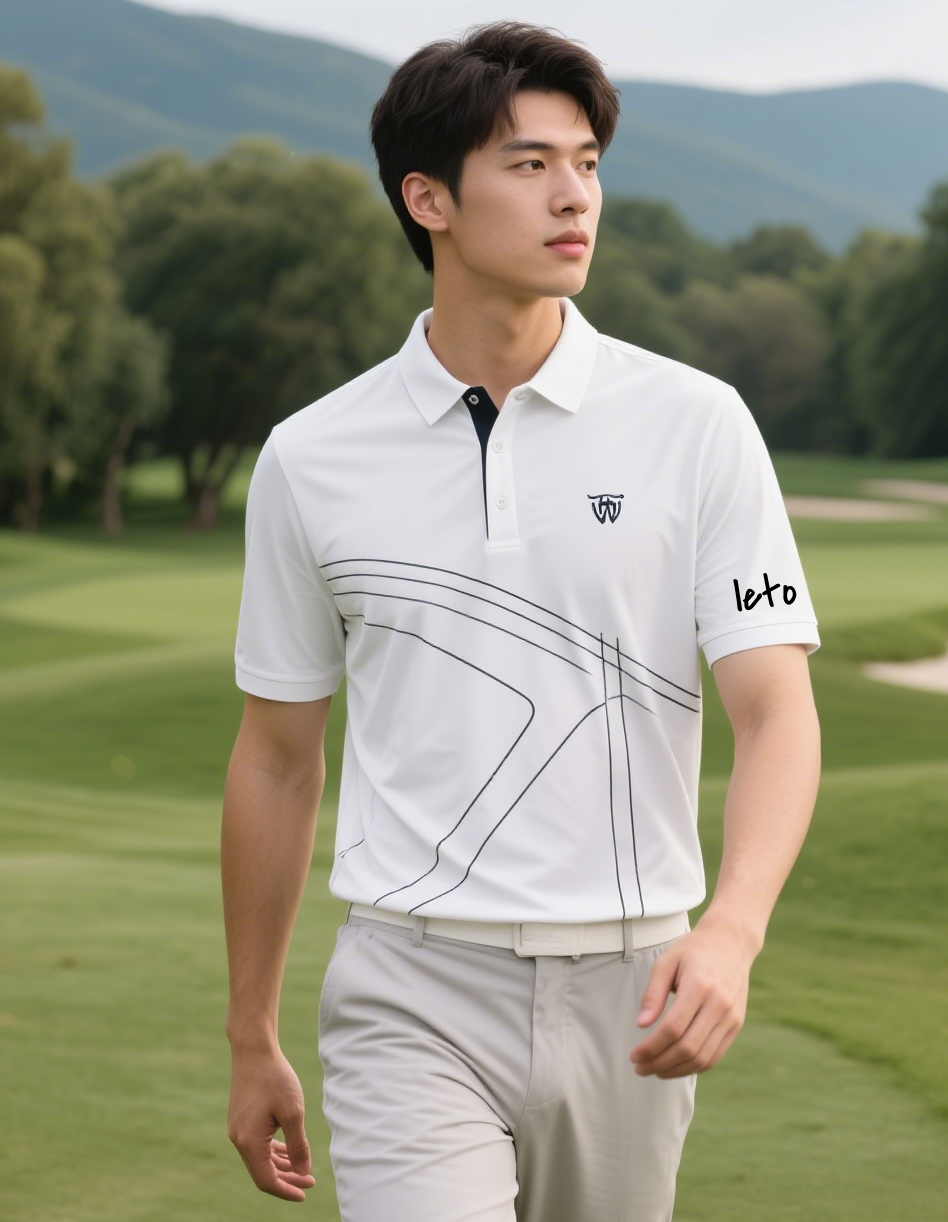 A golfer wearing a bold, branded polo shirt paired with sleek trousers, showcasing a unique golf clothing brand that blends innovation and style for the course