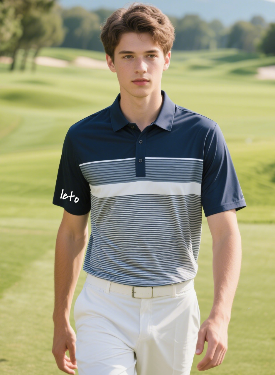 A golfer wearing sweat-resistant golf apparel on a sunny course. Stylish and breathable design for performance and comfort
