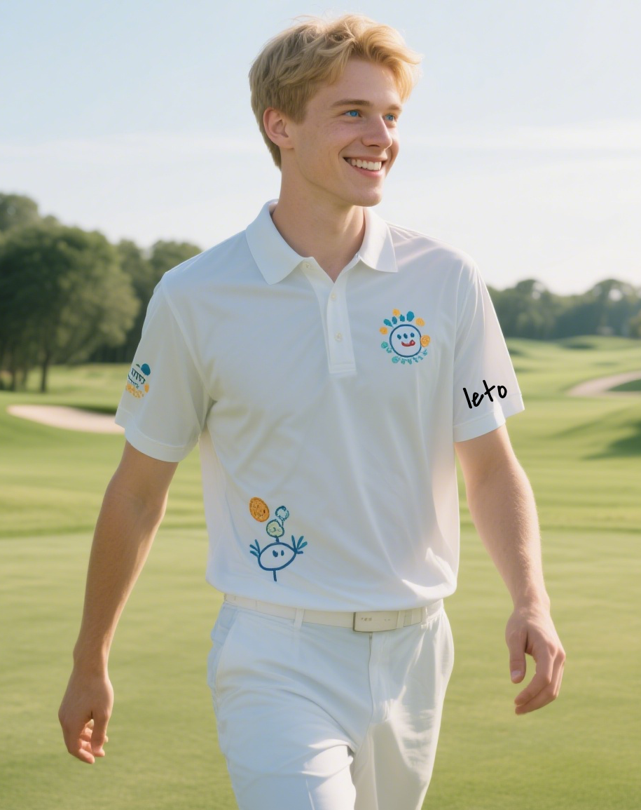 A sleek and modern country club uniform redesign featuring tailored blazers, embroidered logos, and crisp polos, modeled on a pristine golf course