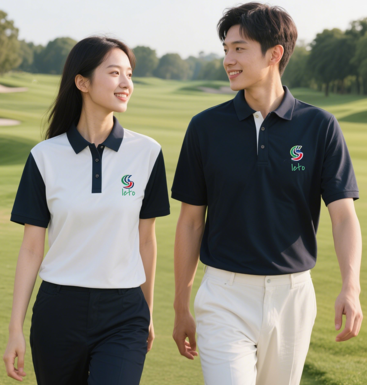 Custom embroidered golf apparel featuring logos, patterns, and personal designs on polos, hats, and jackets.