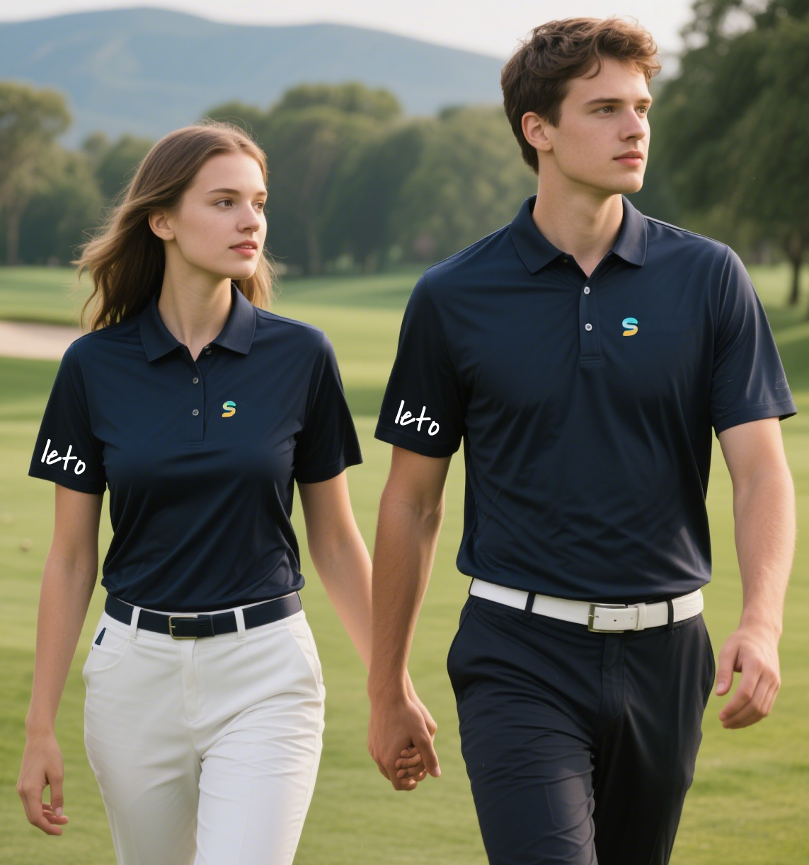 A sleek and modern country club uniform redesign featuring tailored blazers, embroidered logos, and crisp polos, modeled on a pristine golf course