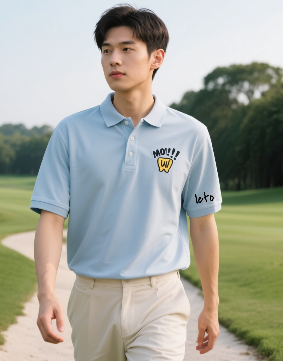 A sleek and modern country club uniform redesign featuring tailored blazers, embroidered logos, and crisp polos, modeled on a pristine golf course
