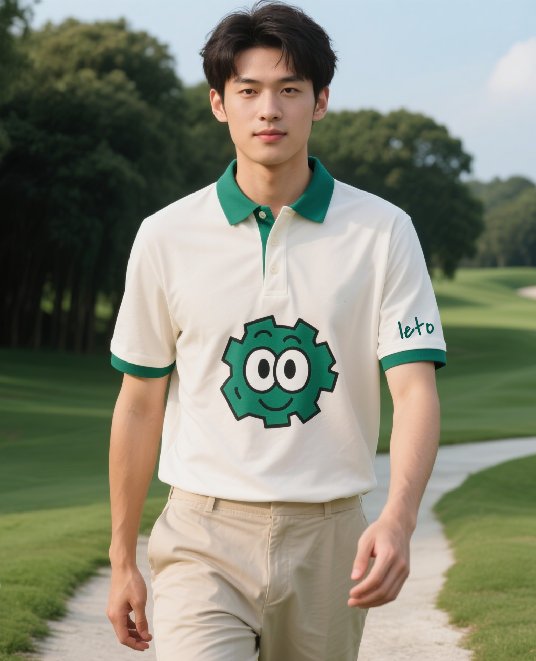 A golfer wearing stylish, sustainable golf clothing made with organic fabrics, standing on a lush green course under a clear sky