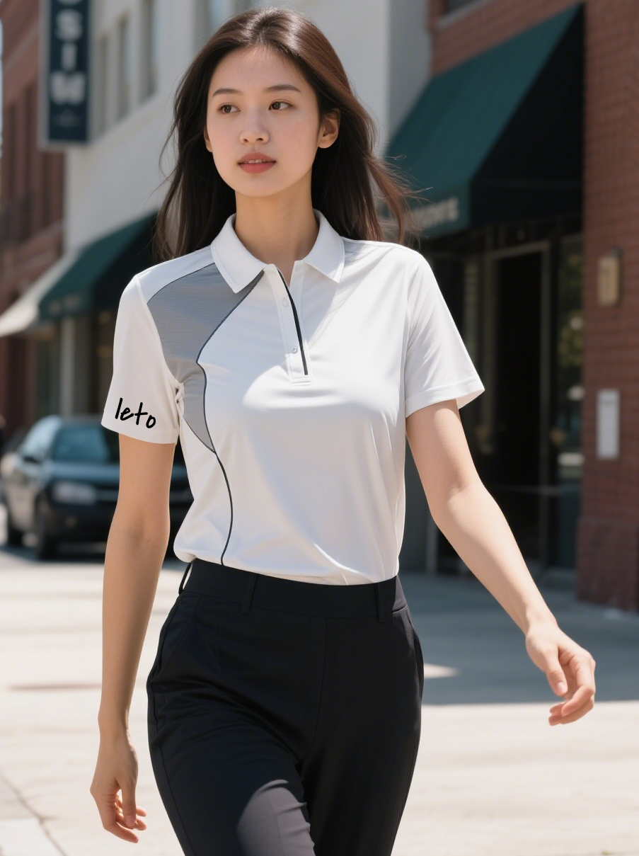 A stylish woman golfer wearing a cute and trendy outfit, including a chic skort and a vibrant polo, perfect for comfort and style on the golf course.