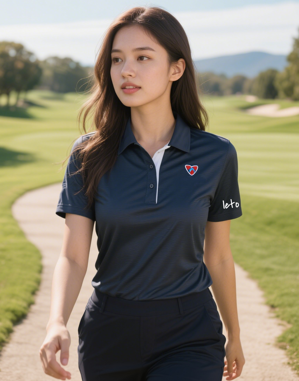 A confident female golfer wearing bold and unique golfwear with vibrant colors and modern designs, redefining women’s golf fashion