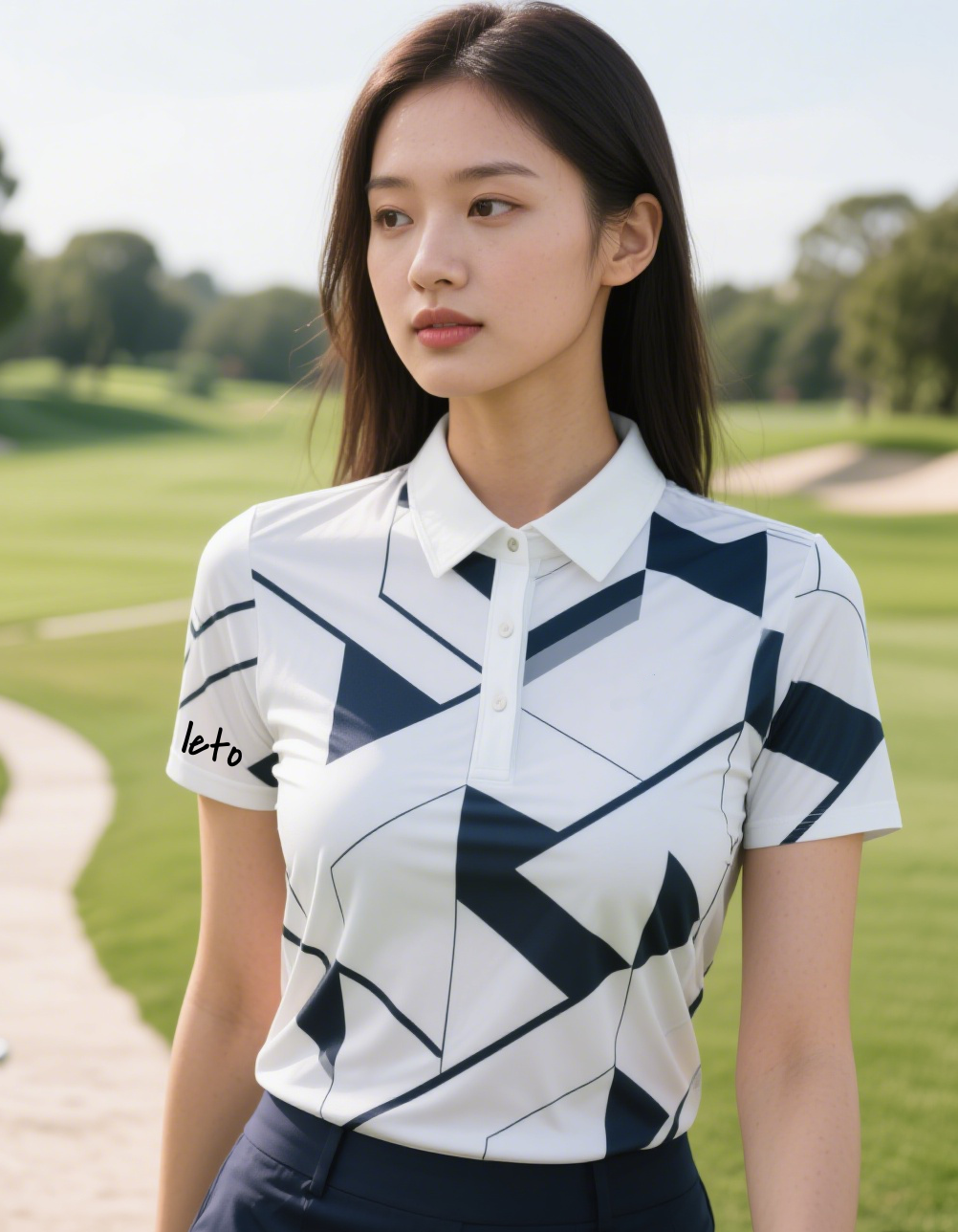 A golfer wearing a uniquely designed golf shirt with bold patterns and vibrant details, showcasing individuality and style on the course
