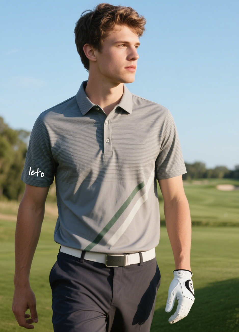 A golfer mid-swing in a non-restrictive polo shirt, showcasing smooth, flexible fabric designed for comfort and performance.