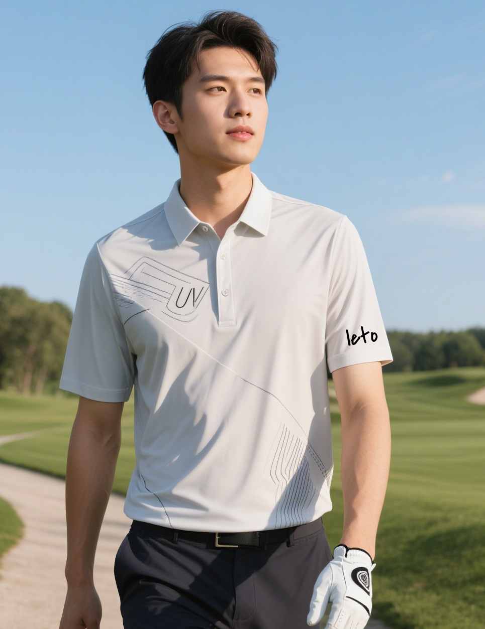 A golfer wearing a sleek and modern golf outfit with innovative design, advanced fabrics, and bold patterns, redefining the future of golf fashion