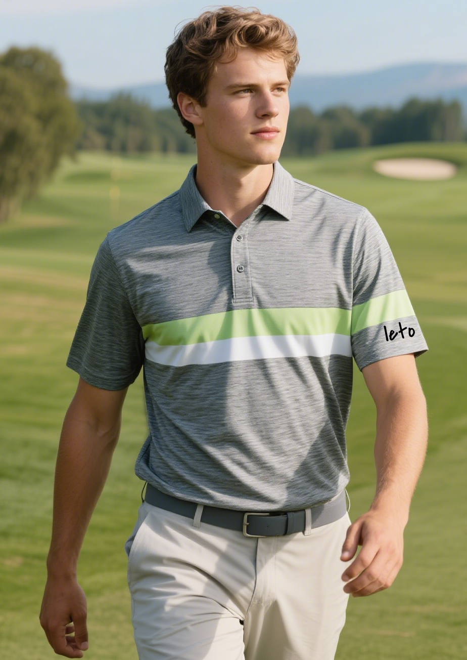 A handshake between a business professional and a designer, symbolizing a partnership, with premium golf wear designs and materials in the background.