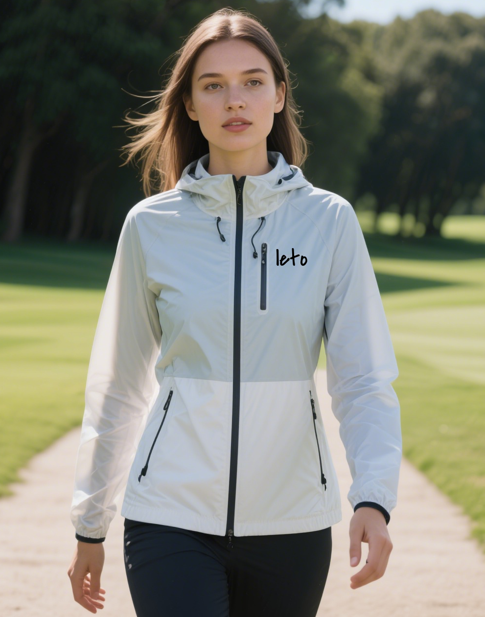 A golfer wearing a sleek, lightweight, windproof jacket while teeing off on a breezy golf course, showcasing both style and functionality.
