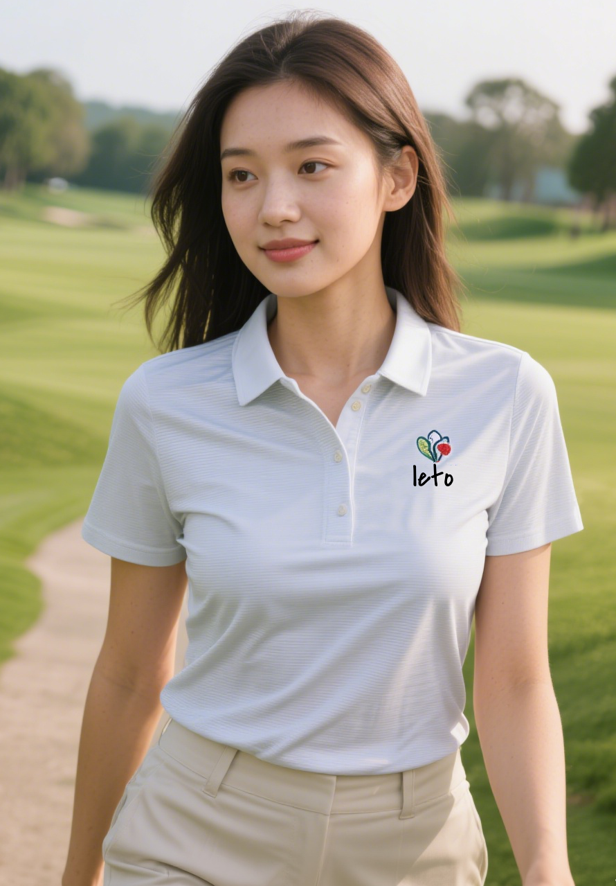 A golfer wearing eco-friendly, sustainable golf apparel, including a performance polo and pants made from recycled materials, with a lush golf course in the background.