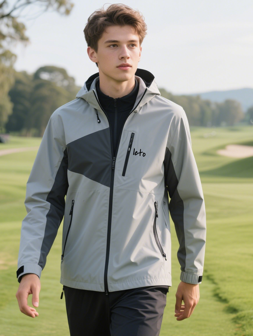A golfer wearing a bold, branded polo shirt paired with sleek trousers, showcasing a unique golf clothing brand that blends innovation and style for the course