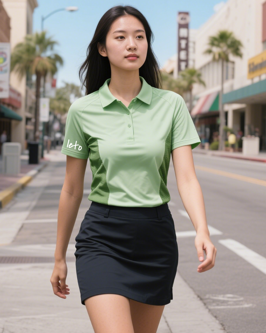 A golfer wearing eco-friendly golf apparel made from recycled and organic materials, standing on a lush green course under a clear blue sky.