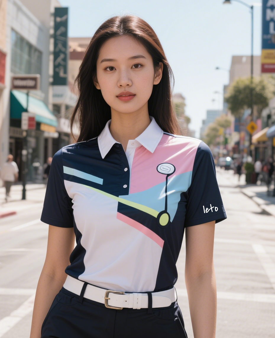 A woman golfer wearing a stylish, urban-inspired golf outfit with a modern, trendy design, playing on a sleek city golf course.