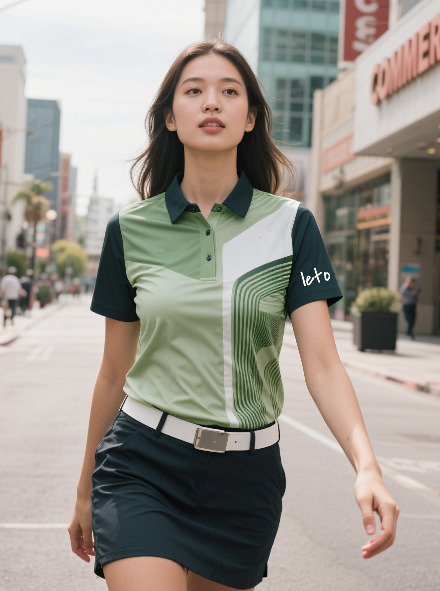 A golfer confidently teeing off in a custom-designed golf shirt with premium tailoring, showcasing a unique mix of performance and personalization