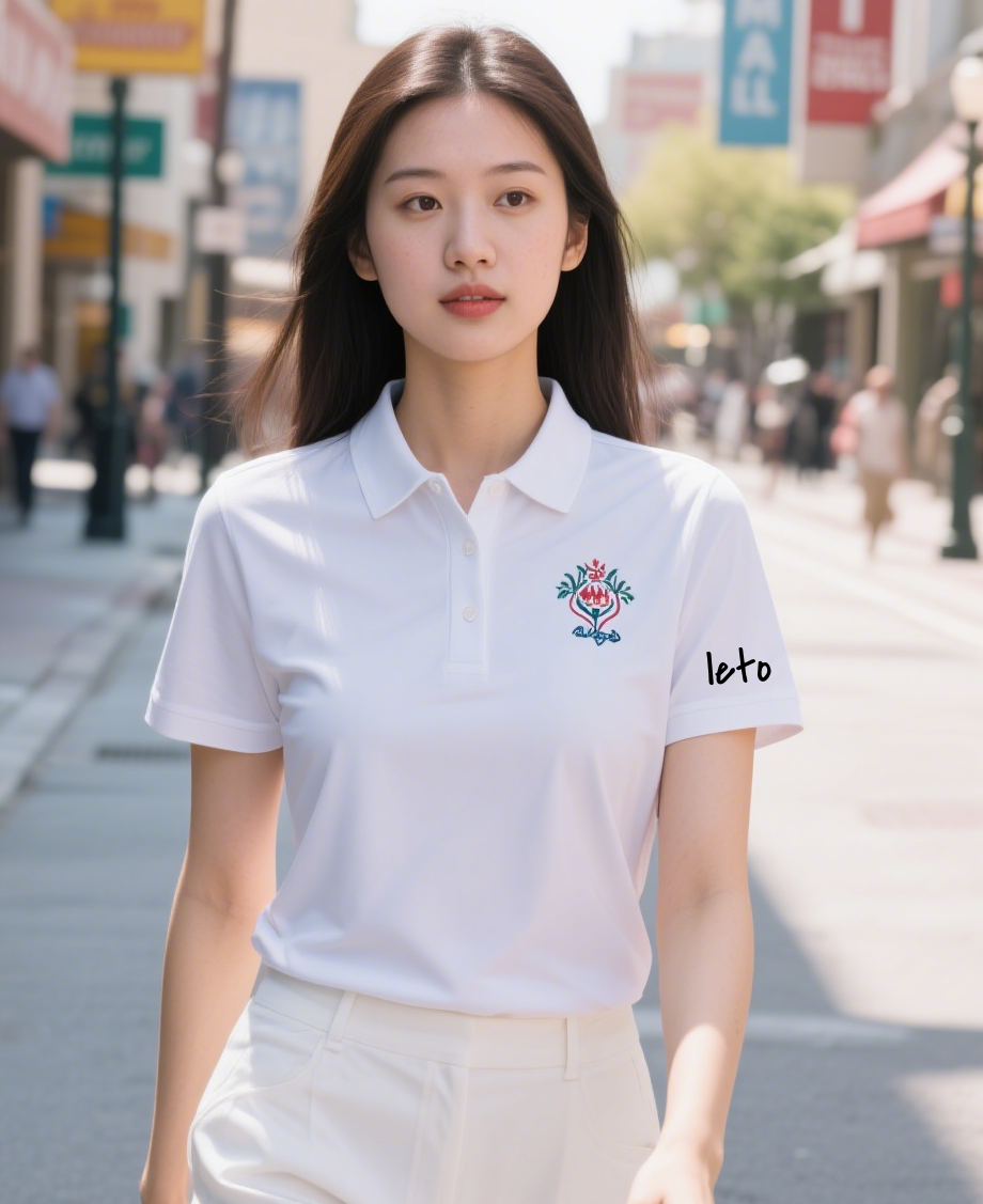 A chic and modern country club uniform featuring a tailored blazer, sleek polo shirt, and slim-fit pants, blending urban style with timeless elegance.