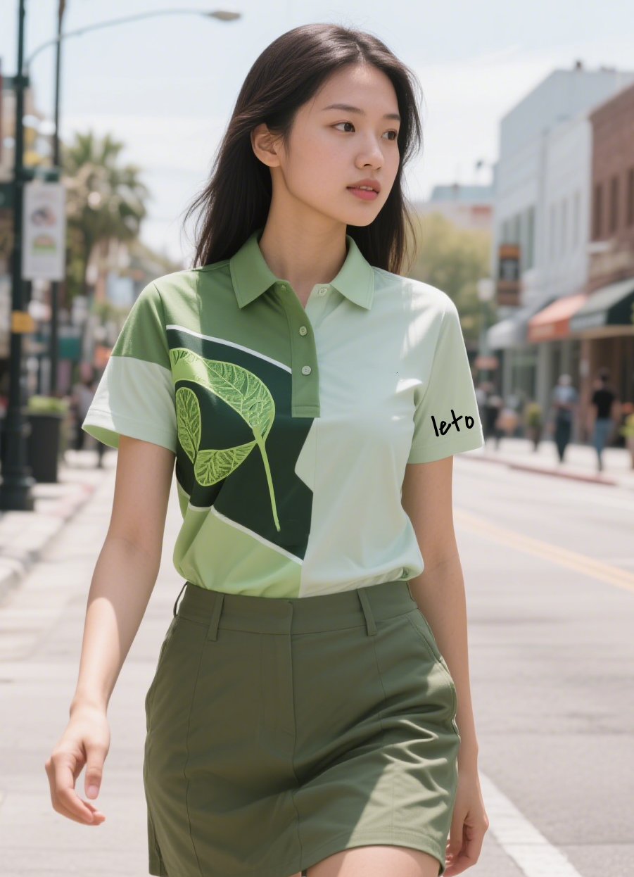 A collection of organic cotton golf shirts and apparel in neutral and pastel tones, designed for eco-conscious retailers and sustainable fashion enthusiasts.