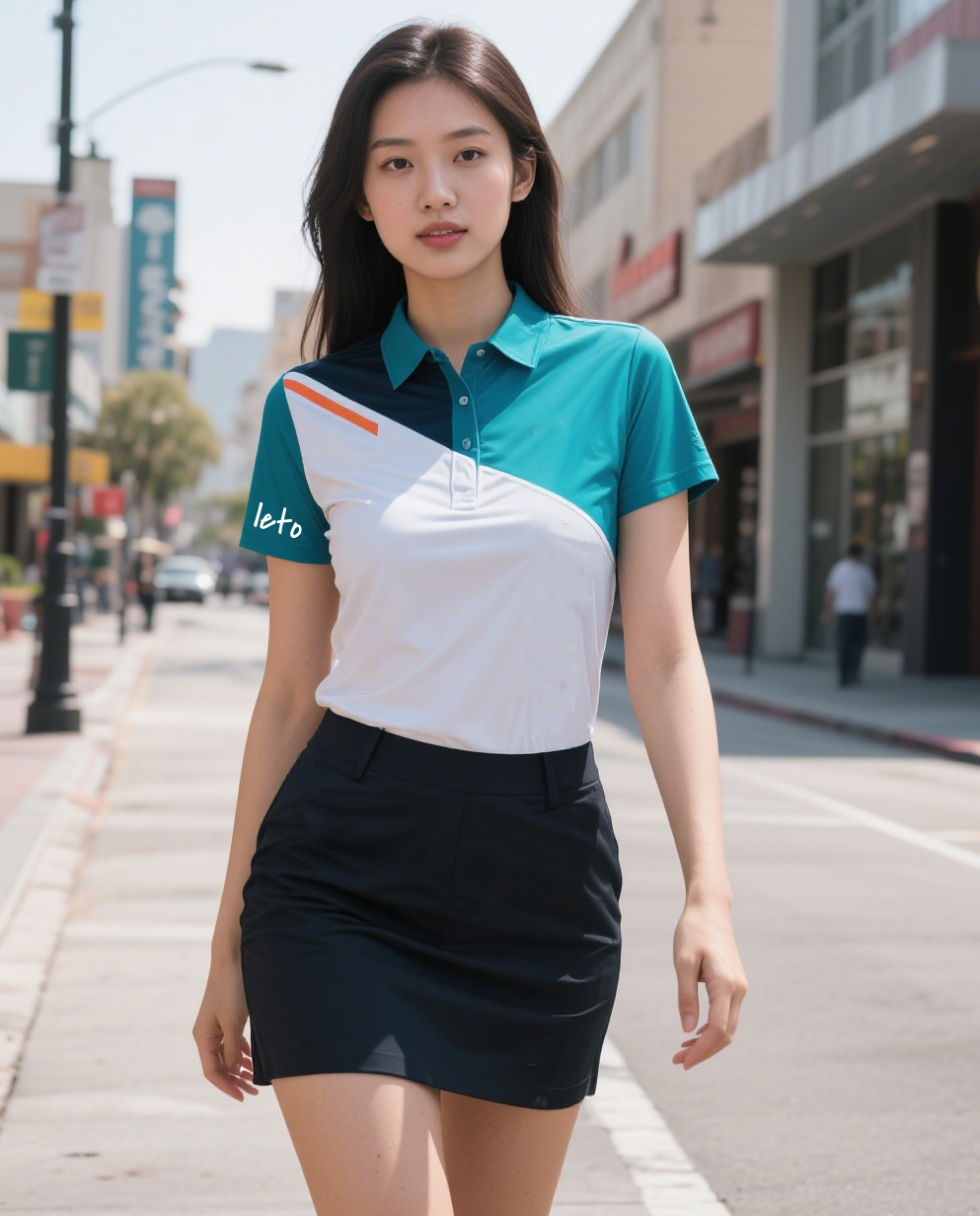 An elegant collection of ladies' golf fashion featuring a stylish golfer wearing a pastel polo shirt, white skirt, and a visor. Perfect blend of style and performance for women golfers.