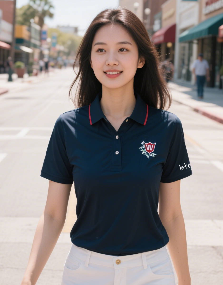 A woman golfer wearing a stylish, uniquely designed golf outfit featuring bold patterns and a flattering fit, playing confidently on a sunny course.