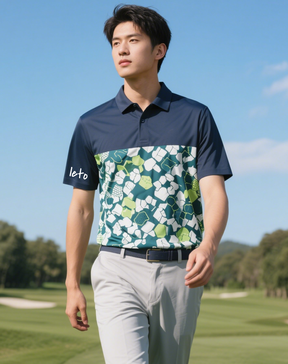 A highly organized manufacturing setup with advanced machinery and skilled workers producing golf clothing efficiently, ensuring quality and speed.