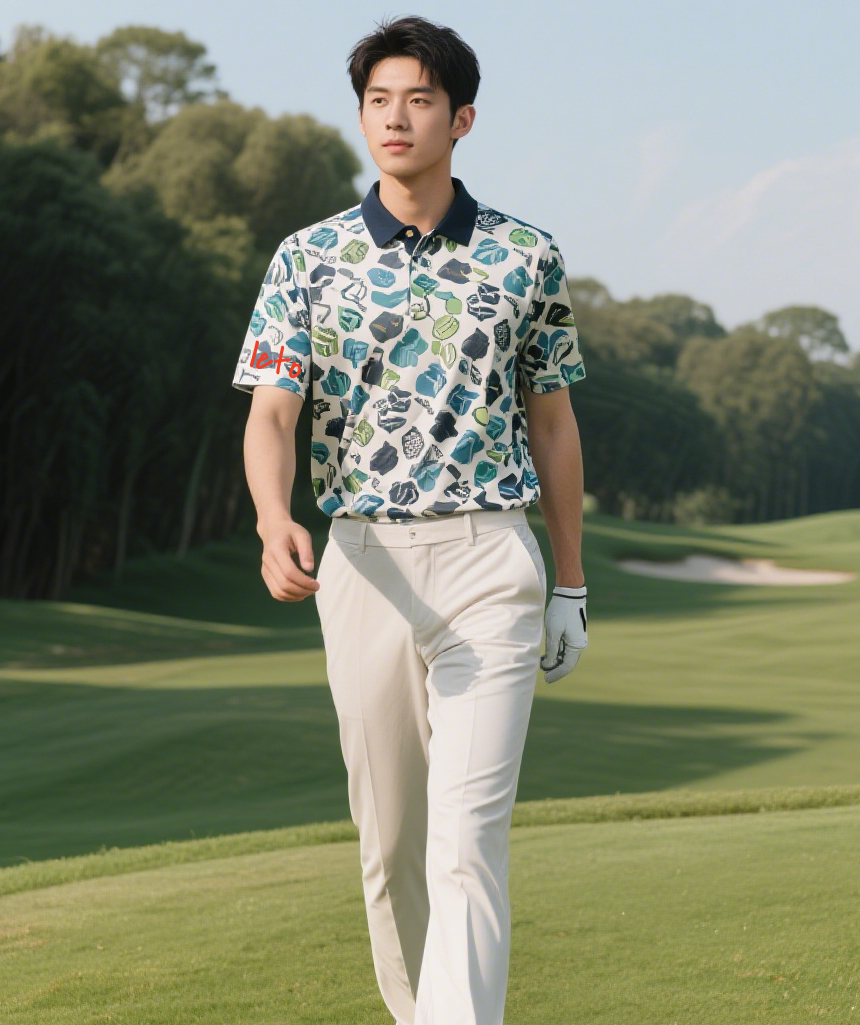A golfer confidently swinging a club while wearing perfectly tailored golf apparel, designed to fit and enhance comfort and style on the course