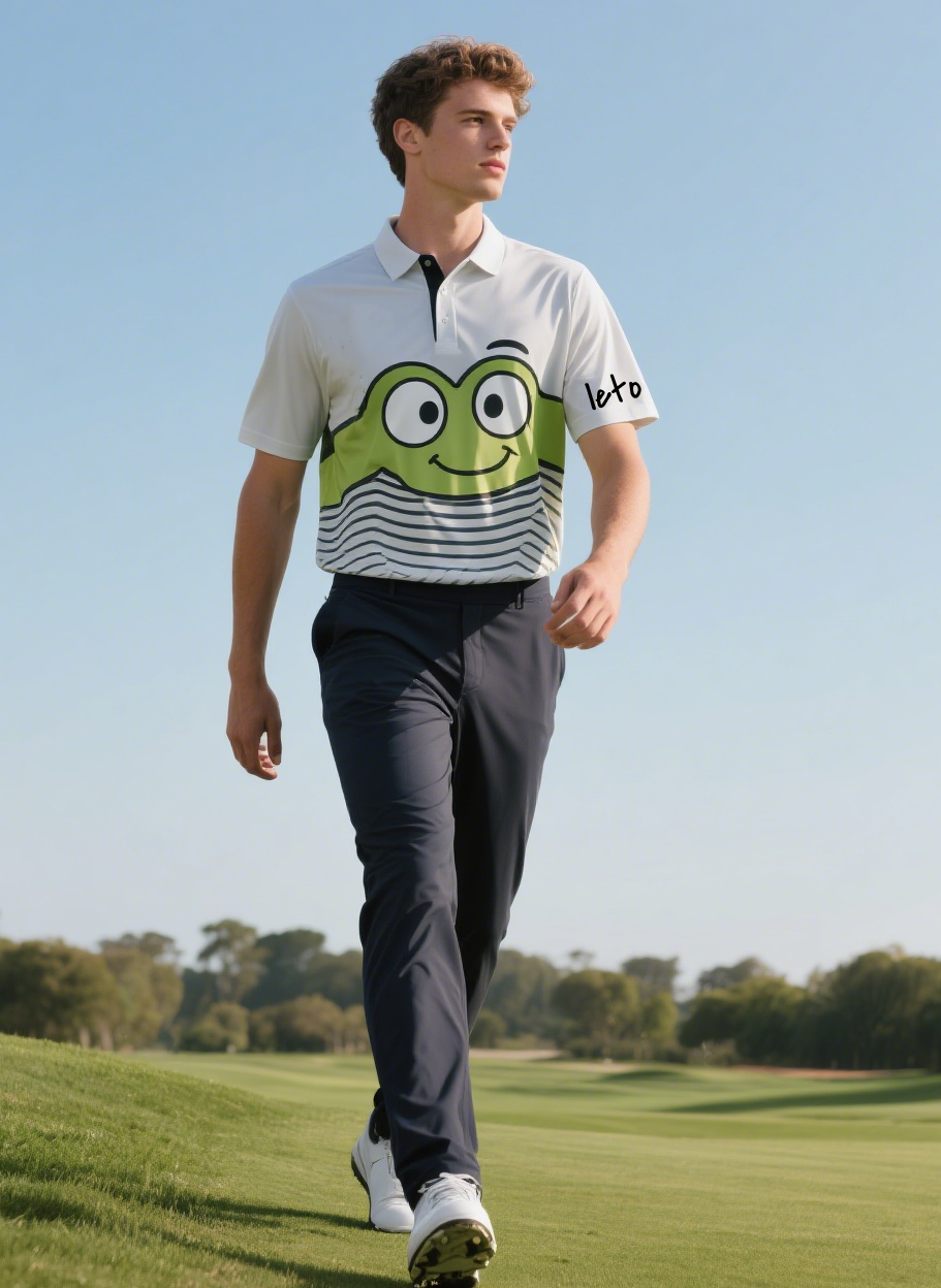 A close-up of custom golf shirts featuring personalized logos and designs, displayed on a hanger with vibrant colors and sleek patterns.