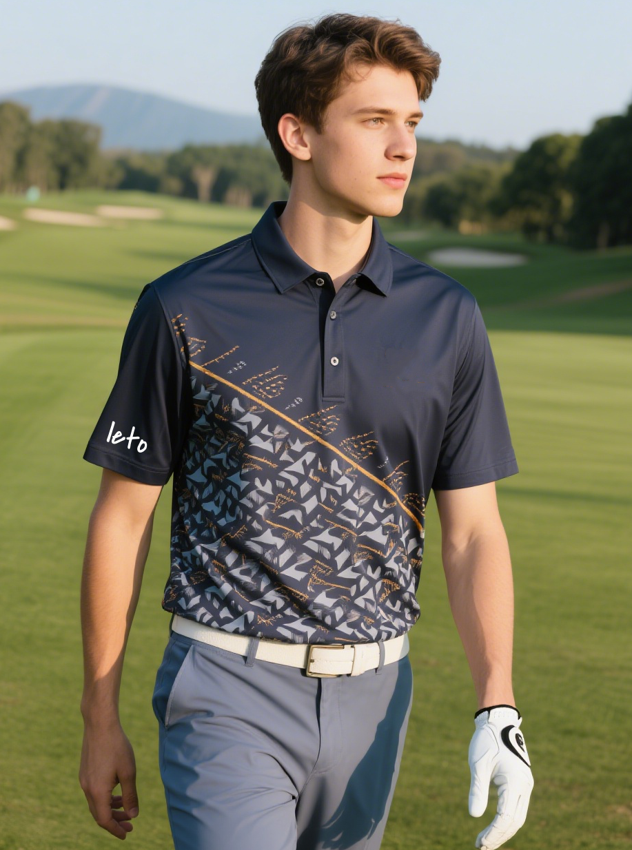 A designer working on a laptop creating a custom logo for a golf shirt, with fabric samples and tools on the table.