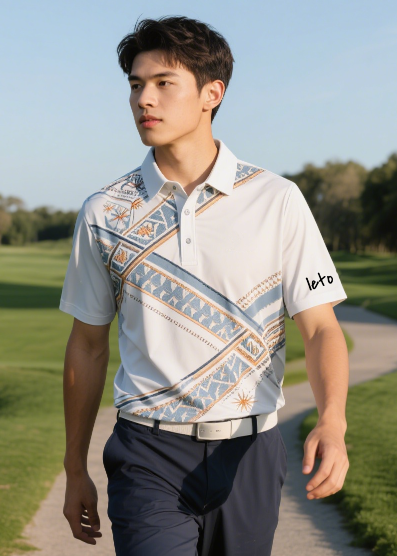 A sleek golf shirt with a custom logo being easily designed on a computer, symbolizing hassle-free customization.