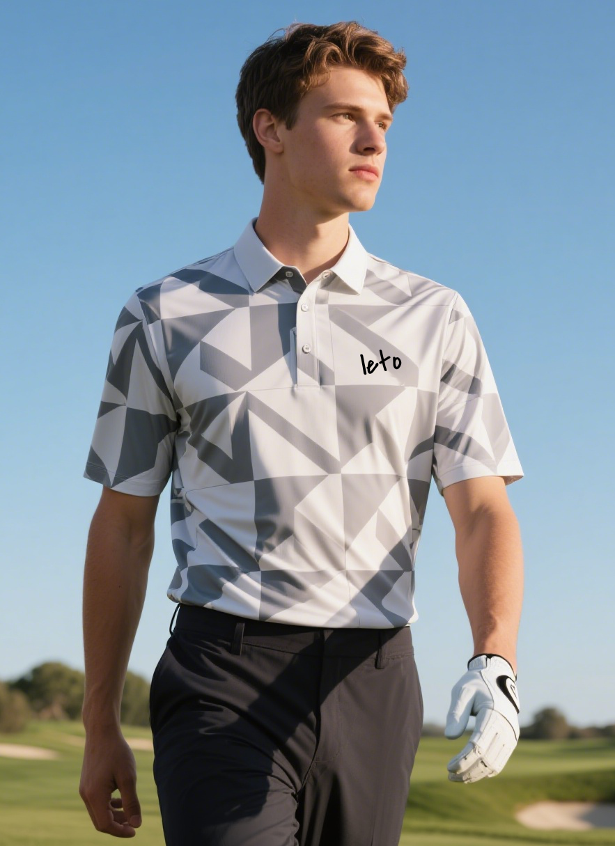 A golfer wearing a sleek and modern golf outfit with innovative design, advanced fabrics, and bold patterns, redefining the future of golf fashion
