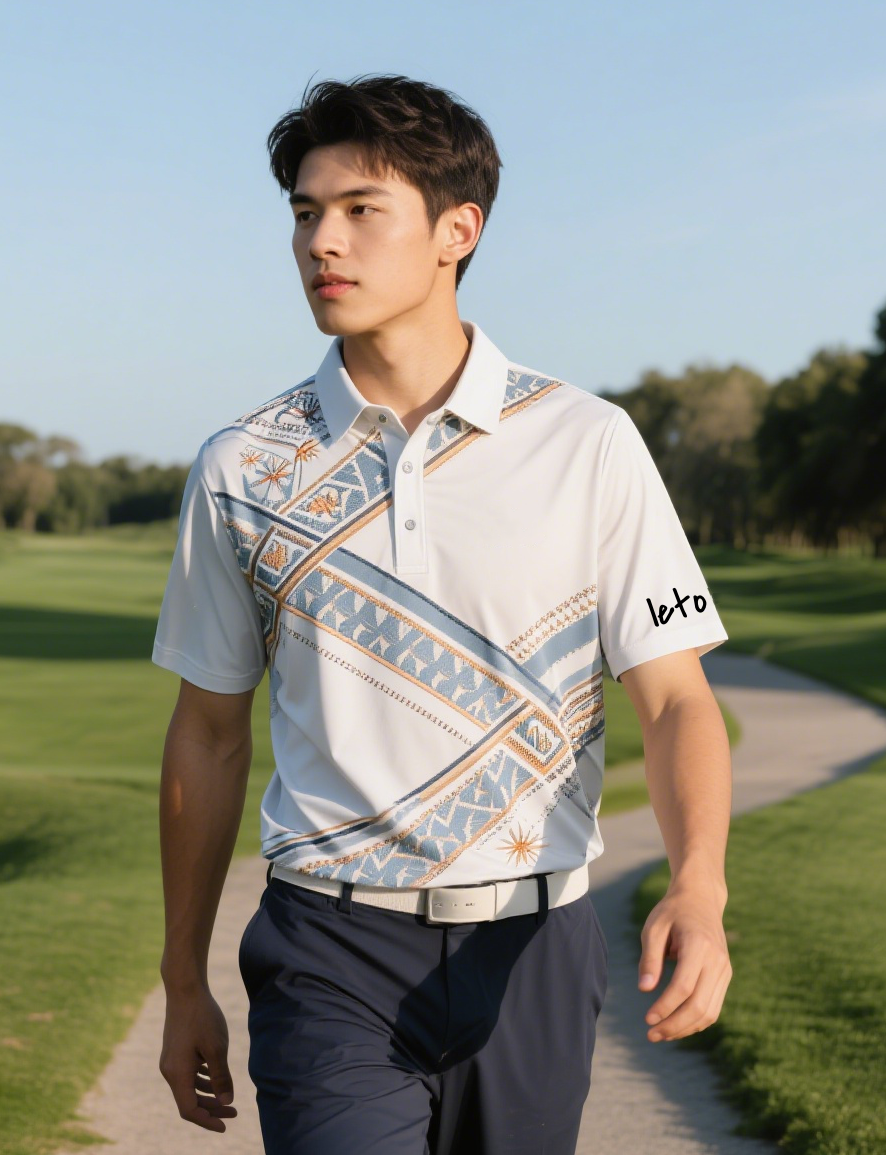 A chic and modern country club uniform featuring a tailored blazer, sleek polo shirt, and slim-fit pants, blending urban style with timeless elegance.