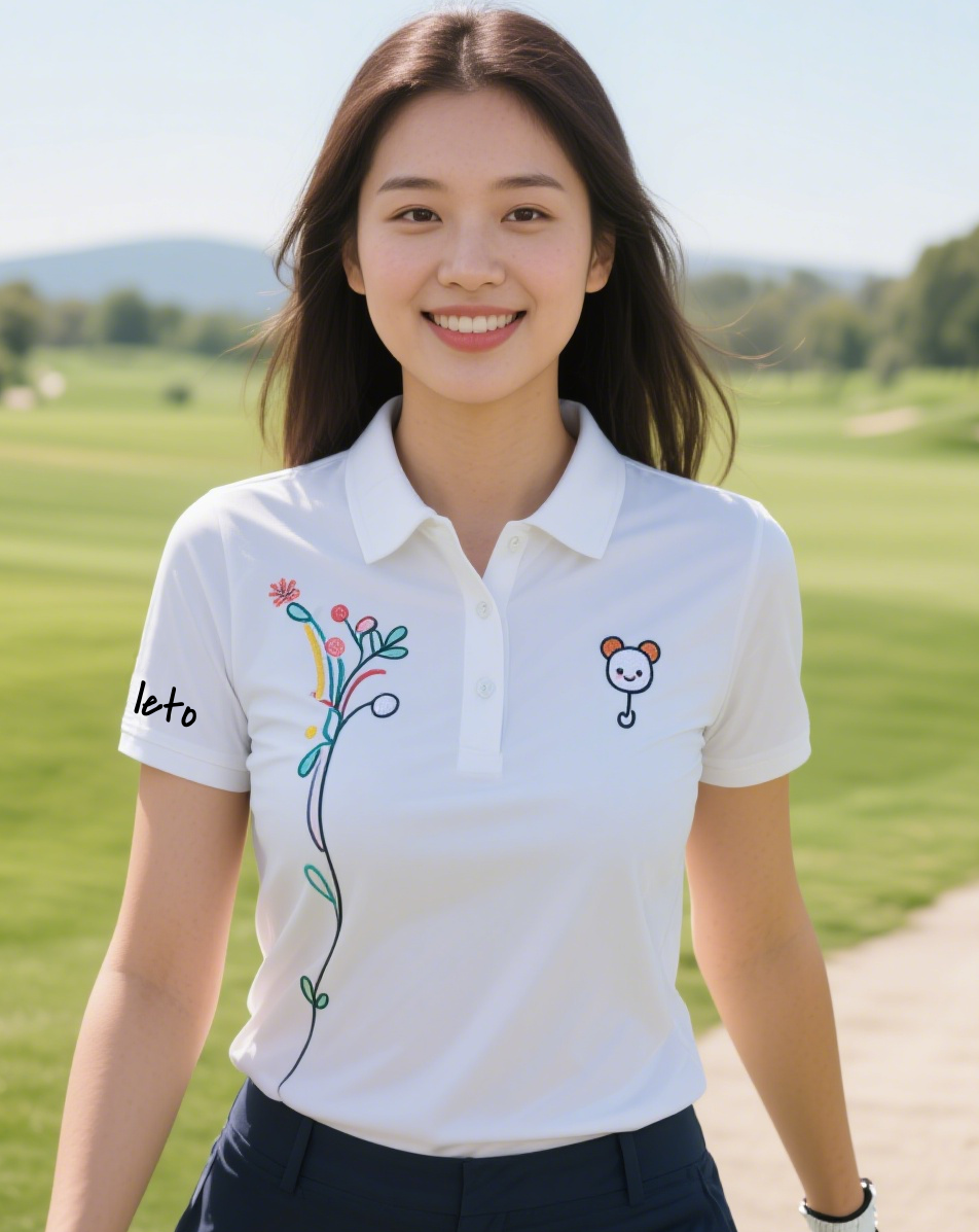 A golfer wearing a bold, branded polo shirt paired with sleek trousers, showcasing a unique golf clothing brand that blends innovation and style for the course.