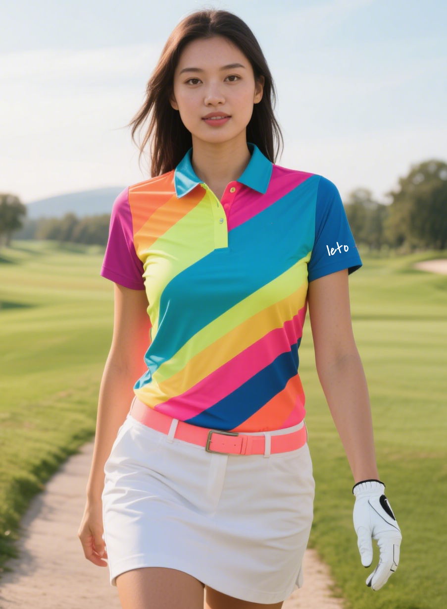 A golfer wearing a brightly patterned, loud shirt that violates traditional golf dress codes, standing out awkwardly on the course.