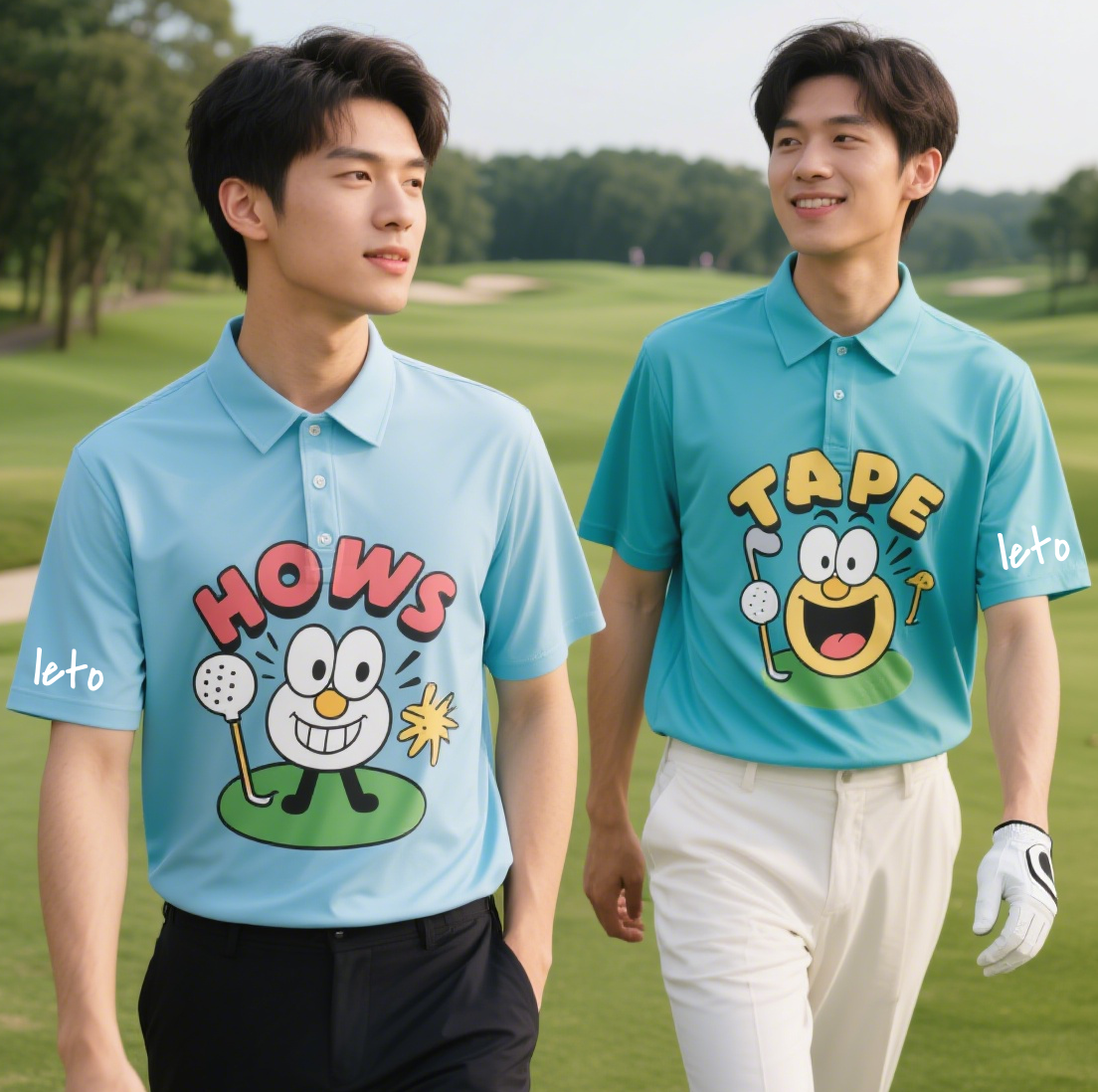 A golfer wearing a brightly colored golf shirt with a funny slogan that says, "I hit it... somewhere!" while laughing on the green.